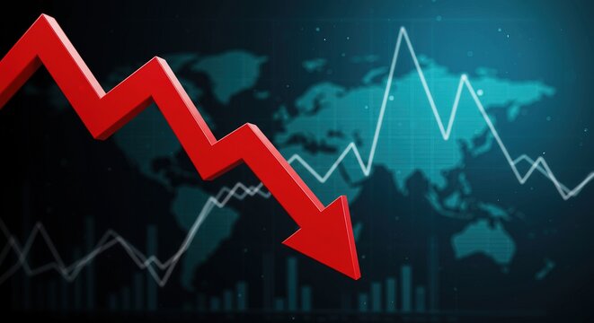 Abstract visual of a worldwide economic recession and financial crisis, symbolizing market collapse and business decline with a prominent red downward arrow over global charts