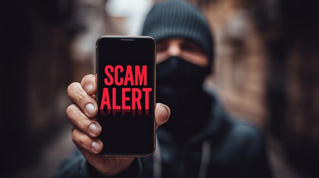 A masked man holding a smartphone with 'SCAM ALERT' displayed, in a blurred urban background. - Powered by Adobe