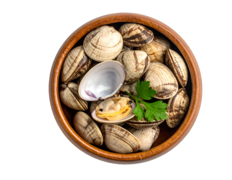 Fresh clams in a round brown bowl