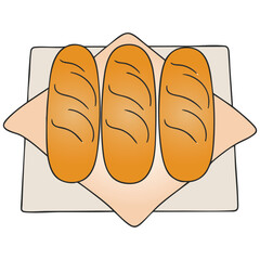 Three Golden French Baguettes Vector Illustration on Plate and Napkin. Freshly Baked Bread Loaves for Menu Design, Bakery Ad, or Food Presentation Graphic Vector illustration on white background