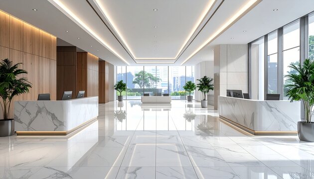 Sleek and Expansive Modern Office Lobby with Bright Natural Light and Elegant Marble Reception Desks, Creating a Welcoming and Professional Business Environment