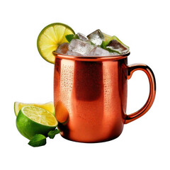 a copper mug with ice and lime wedges isolated on white and transparent background.