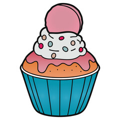 Gourmet Cupcake with Pink Macaron Topping , Dessert with Sprinkles and Frosting in a Blue Liner Vector illustration on white background