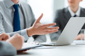 Close-up of businessman giving a presentation with laptop. Professional business meeting with team discussion in office.