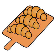 Freshly Baked Croissants on a Wooden Cutting Board , Multiple French Pastries for Breakfast, Bakery Display, or Cafe Menu Graphic , Vector illustration on white background