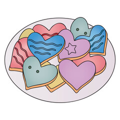 Plate of Assorted Heart Shaped Cookies  , Colorful Sweet Treats with Icing for Valentine's Day, Love, or Celebration Graphic , Vector illustration on white background
