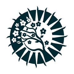Vernal Equinox Cherry Blossom Sun Icon Vernal Equinox Shunbun no Hi Stylised sun half merged with a cherry blossom branch in balanced asymmetry