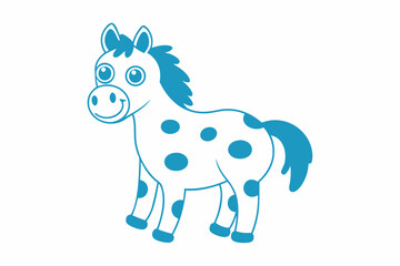 Smiling cartoon horse with a spotted body is outlined in blue on a white background