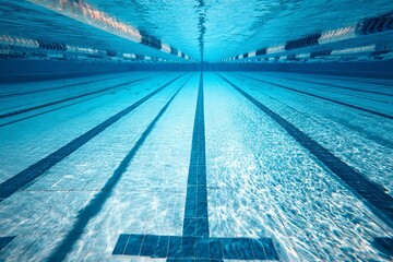 Underwater view of empty swimming pool lanes with clear water