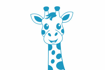 Smiling giraffe cartoon with a blue outline is set against a white background