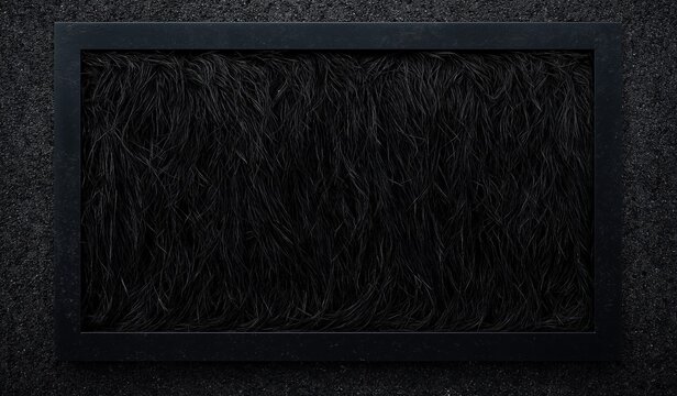 Black rectangular frame made of fluffy thick fur hanging on wall seen from above against dark gray carpet background, textural contrast and abstract decor concept