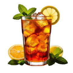 a glass of ice tea with lemon slices and mint leaves isolated on white and transparent background
