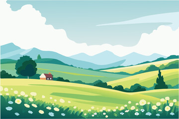 summer landscape with green hills and blue sky