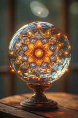 Illuminated Mandala Glass Orb on Ornate Base
