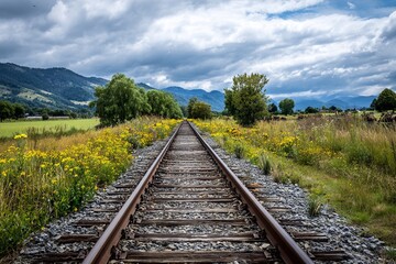 Fototapeta premium Railway tracks through countryside field with wildflowers and mountains