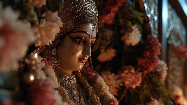 Close-up of Durga Idol with Intricate Jewelry and Floral Garland, Celebrating Durga Puja Festival, Hindu Goddess, India