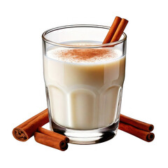 a glass of milk with cinnamon sticks.