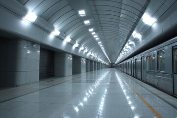 Modern underground subway station with train and bright lights