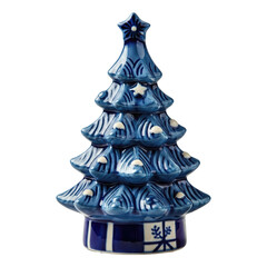 Vintage Blue Ceramic Christmas Tree PNG &ndash; Glossy Holiday Decoration, Transparent Background