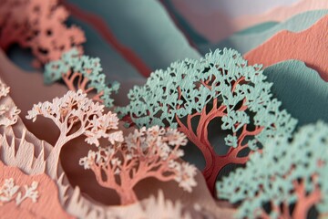 Delicate paper cut trees form a layered landscape of pastel tones.