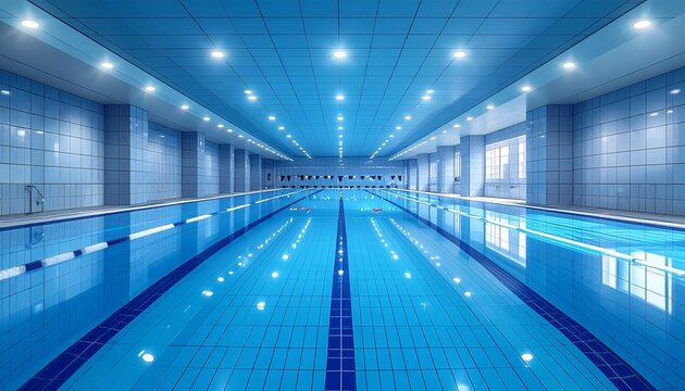 Indoor swimming pool with clear blue water, lane dividers, and tiled walls under bright ceiling lights.