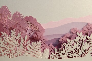 A delicate, layered landscape of varying shades of pink and white paper cutouts, meticulously crafted to create a scene of a gentle hillside.