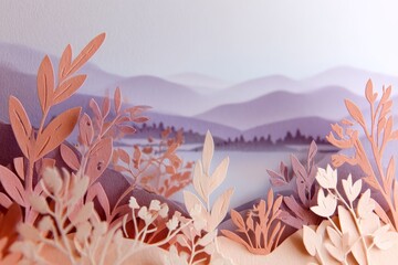 Delicate, layered paper art depicts a serene landscape with varying shades of pink and purple, showcasing a misty mountain range and lush vegetation.