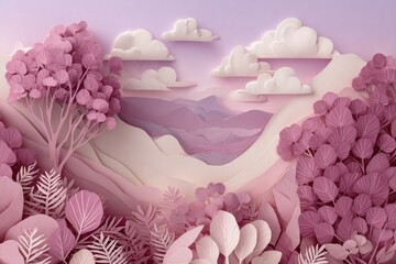 A whimsical landscape, crafted from layers of pink and purple paper, showcases a serene valley with sculpted trees and clouds.