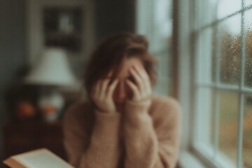A blurry image of a woman expressing distress with her hands covering her face, standing near a window on a rainy day, conveying feelings of sadness and anxiety