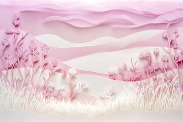 Delicate pink and white paper cut landscape with detailed floral elements.