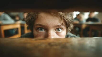 Curious Boy Peeking Over Wooden Desk in Classroom, Wide-Eyed Expression, Freckles, Students in Background, Close-Up