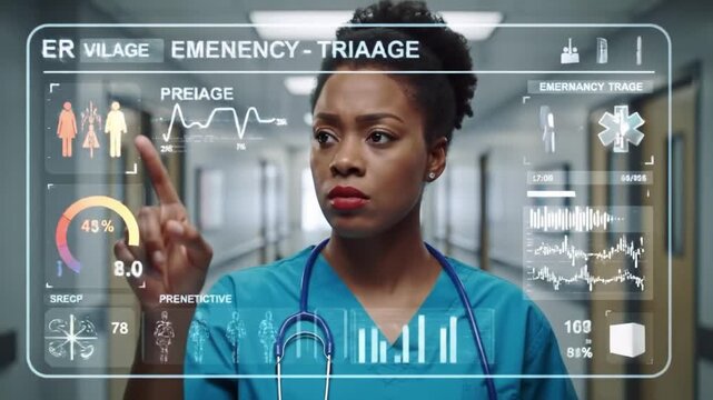 Female Doctor Interacting with Futuristic Holographic Medical Interface in Hospital ER Triage