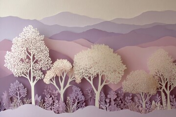 A delicate paper-cut landscape showcases layered mountains and trees in soft shades of purple and cream.