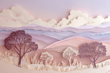 A layered paper art landscape, featuring soft pastel hues and detailed paper cut trees, evokes a serene and dreamy atmosphere.