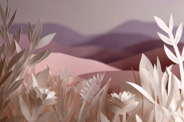 Delicate white paper cut flowers and leaves create a whimsical miniature landscape with soft pink and purple hues.