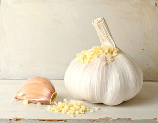 A whole bulb of garlic and a separated clove sit on a rustic surface, with minced garlic scattered nearby