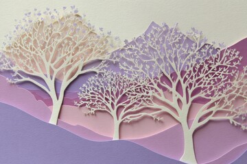 Delicate paper cut trees stand against layered pastel hills, evoking a tranquil and serene mood.