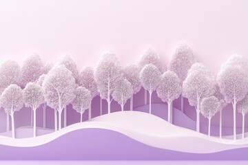 A whimsical, wintery forest scene, with light purple and white paper-cut style trees, positioned on undulating purple ground, evokes a serene and peaceful atmosphere.