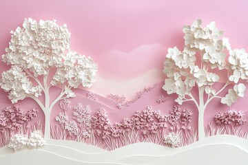 A whimsical, layered landscape of delicate, paper-cut trees and flowers in soft pinks and whites, set against a backdrop of gentle gradients.