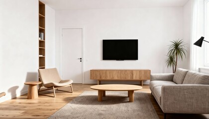 Scandinavian living room with sofa armchair and wooden furniture in bright daylight
