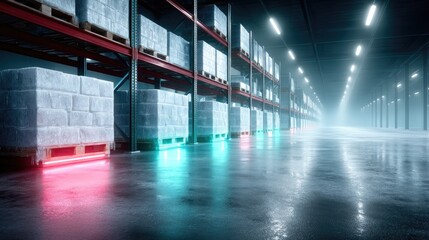 Warehouse Interior with Pallet Racking Reflective Floor and Industrial Lighting Cinematic and High Dynamic Range