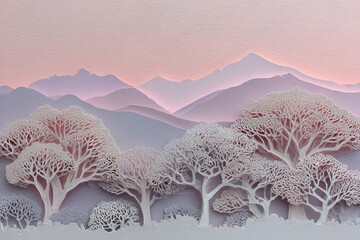 A delicate paper-cut landscape showcases a serene mountain range, layered with soft pastel shades of pink and lavender, featuring intricately detailed trees with lacy, translucent branches.