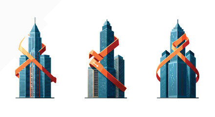 Skyscrapers stand tall wrapped in orange ribbon against a white backdrop, symbolizing city awareness and support for a cause, creating a powerful visual statement.