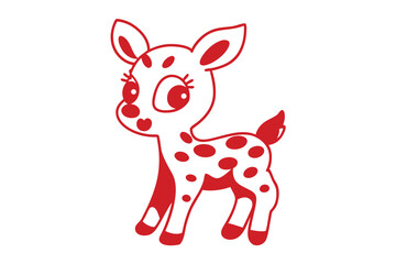 Whimsical fawn silhouette, outlined in red, features spotted patterns and charming eyelashes on a bright backdrop