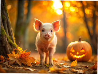 A small, pink piglet stands in an autumn forest next to a carved halloween pumpkin