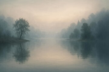Fototapeta premium Misty Lake at Dawn with Serene Atmosphere