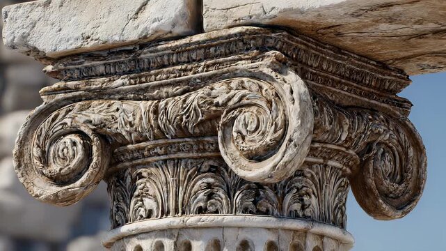 Close-up of an Ionic Order Column Capital with Volutes and Acanthus Leaf Ornamentation, Ancient Greek Architecture Detail