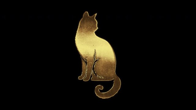 Cat with slightly reflected outlines on a gold foil-like surface, loop, alpha channel

