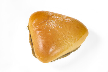 Soft triangular bun filled with savory tuna, topped with sesame seeds, perfect as a light and tasty snack. Bakery isolated on white background.