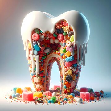 A tooth filled with colorful candies, dripping with a white substance